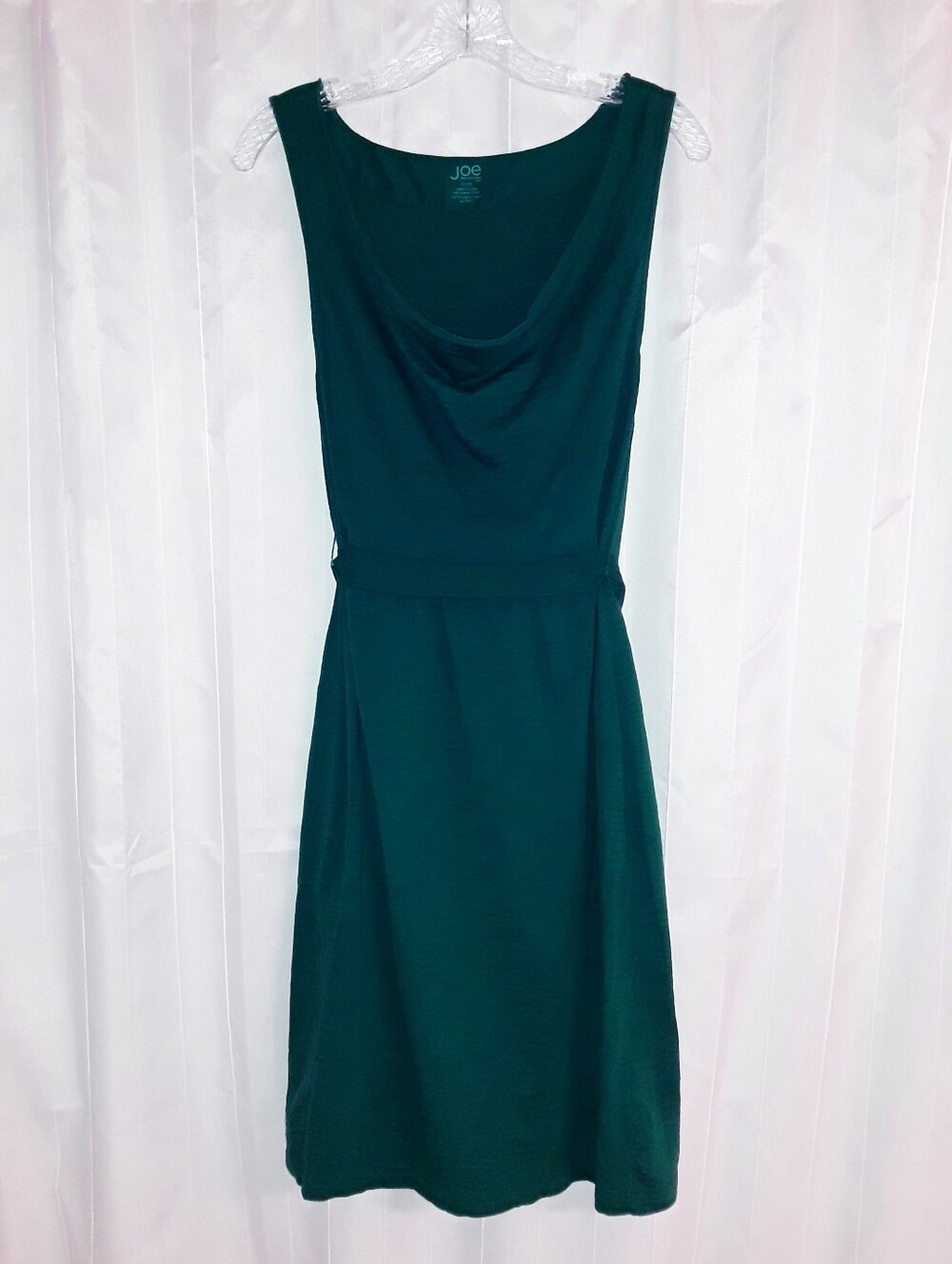 100% Cotton Sleeveless Teal Dress - Cowl Neckline, Tie-Belt, Pockets, Size M